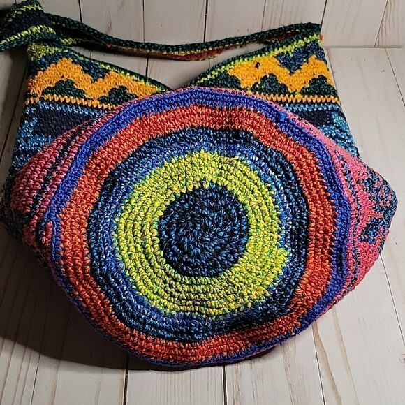 Artisan Crochet Fair Isle Southwestern multi Colored Crossbody Bag Cotton Boho - Picture 3 of 9